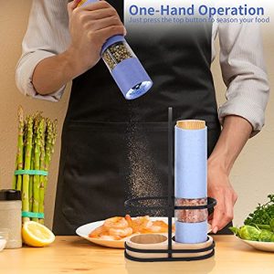 Electric Salt and Pepper Grinder Set, Battery Powered Gravity Sal Pimienta Mills, Adjustable Coarseness Automatic Blue Peper Shaker with Stand Lid, Electronic One Hand Operation Refillable Peppermills