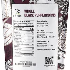 Soeos Whole Black Peppercorns 16 oz, NON-GMO Verified, Kosher, Grade AAA, Vacuum Sealed Package to Keep Peppers Fresh, Safe, and Better Taste, 1 Pound (Pack of 1)