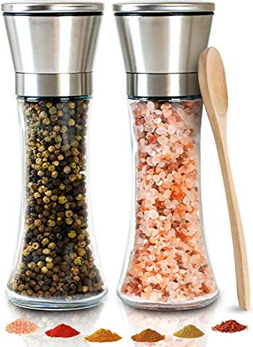 Salt and Pepper Grinder Set Of 2 - Adjustable Ceramic Coarseness, Tall Glass Refillable Stainless Steel Salt and Pepper Mill Shakers For Black Peppercorn, Salt W/ Wooden Spoon and Cleaning Brush