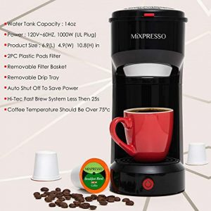 Mixpresso 2 in 1 Coffee Brewer, Single Serve Coffee Maker K Cup Compatible & Ground Coffee, Personal Coffee Maker ,Compact Size Mini Coffee Maker, Quick Brew Technology (14 oz) (black)