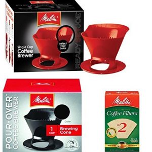 Melitta Ready Set Joe Single Cup Pour Over Coffee Brewer Maker – 1 Black & 1 Red + #2 Natural Brown Cone Coffee Filters 100-Count