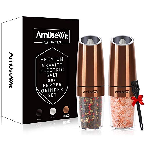 Gravity Electric Salt and Pepper Grinder Set【White Light】- Battery Operated Automatic Salt and Pepper Mills with Light,Adjustable Coarseness,One Handed Operation,Cleaning Brush,Copper by AmuseWit