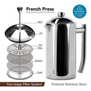 Frieling Double-Walled Stainless-Steel French Press Coffee Maker, Polished, 44 Ounces