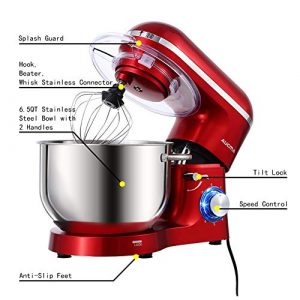 Aucma Stand Mixer,6.5-QT 660W 6-Speed Tilt-Head Food Mixer, Kitchen Electric Mixer with Dough Hook, Wire Whip & Beater 2 Layer Red Painting (6.5QT, Red)