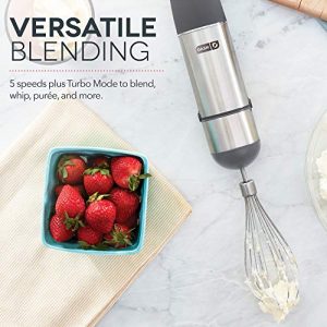 Dash Chef Series Immersion Hand Blender, 5 Speed Stick Blender with Stainless Steel Blades, Whisk Attachment and Recipe Guide – Cool Grey
