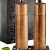 Wooden Salt and Pepper Grinder Set, Acacia Wood Salt and Pepper mills set, Salt and Pepper Grinders Refillable, 8 inches Sea Salt and Black Pepper Mill Set, Adjustable Shakers, Natural Slate Stand