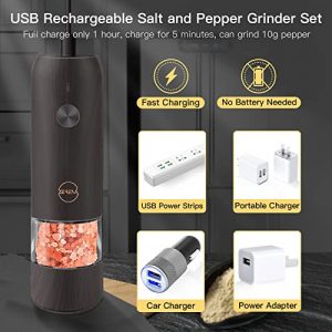 Electric Salt and Pepper Grinder Set - Rechargeable USB Cable, LED Lights, Automatic Pepper and Salt Mill Grinder Set Refillable, Adjustable Coarseness, One Hand Operation (Black Wooden 2 Pack)