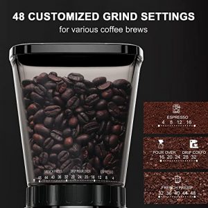 Anti-static Conical Burr Coffee Grinder with 48 Grind Settings, binROC Adjustable Burr Mill Coffee Grinder for 2-12 Cups, Stainless Steel