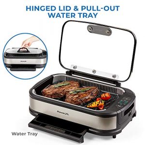 PowerXL Smokeless Grill with Tempered Glass Lid with Interchanable Griddle Plate and Turbo Speed Smoke Extractor Technology. Make Tender Char-grilled Meals Inside With Virtually No Smoke (Stainless Steel Pro with Hinged Lid)