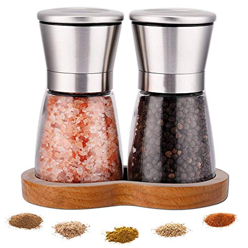 LessMo Salt and Pepper Grinder Set with Wooden Standing Tray, Refillable Pepper Mill Set - Brushed Stainless Steel - Short Glass Shakers with Adjustable Coarseness for Peppercorn, Salt or Spice Mill
