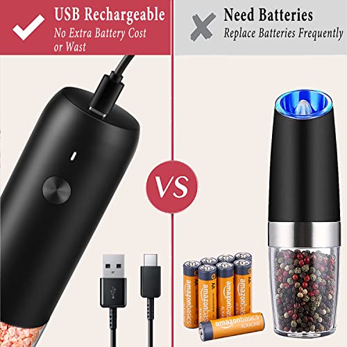 Rechargeable Electric Pepper and Salt Grinder Set - One-Handed - No Battery Needed Modern Style - Automatic Black Peppercorn & Sea Salt Spice Mill Set with Adjustable Coarseness & LED Light Refillable