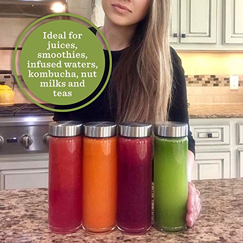 Juice Bottles - 4 Pack Wide Mouth Glass Bottles with Lids - for Juicing, Smoothies, Infused Water, Beverage Storage - 16oz, BPA Free, Stainless Steel Lids, Leakproof, Reusable, Borosilicate