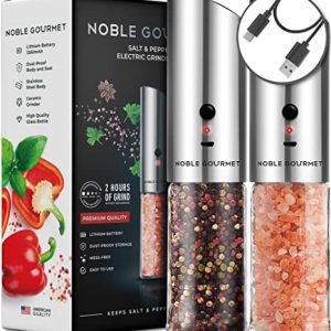 Electric Salt and Pepper Grinder Set - Pack of 2 - Automatic Rechargeable Mills - Refillable Gravity Shakers - Premium Gift Box - Adjustable Ceramic Grind for Black Peppercorn - No Battery Operated