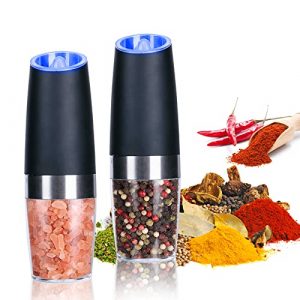 Electric Salt and Pepper Grinder Set, Gravity Sensor, Automatic Pepper Mill, One Hand Operation, Battery-Operated with Adjustable Coarseness, Blue Led Light (Black 2 Pack)