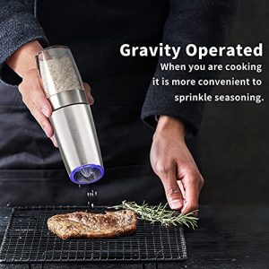 Gravity Electric Salt and Pepper Grinder Set of 2 with Stand, Battery Powered Automatic Pepper Mill Grinder with Spoon and Brush, One Hand Operation Adjustable Coarseness Blue LED Light (Silver)