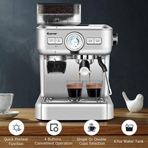 COSTWAY Semi-Automatic Espresso Machine, 20 Bar Pump, Built-In Milk Frother and Steamer, 10s Preheating, PID Temperature Control, 2L Removable water tank, Drip Tray, Grinder with 30 Settings, Stainless Steel Pressure Coffee Brewer, Countertop Cappuccino Maker for Home, Office