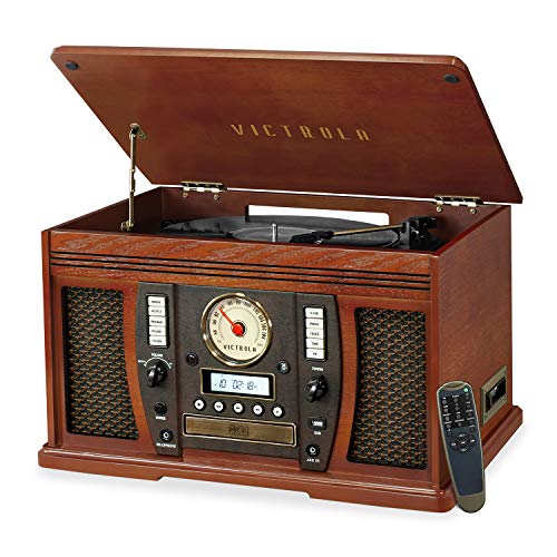 Victrola Aviator 8-in-1 Bluetooth Record Player & Multimedia Center with Built-in Stereo Speakers - 3-Speed Turntable, Vinyl to MP3 Recording, Wireless Music Streaming, Mahogany