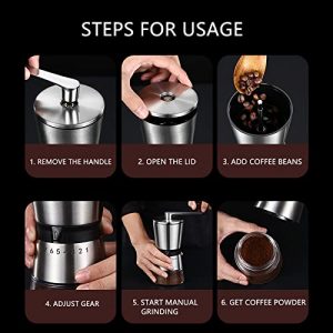 Hand Ground Precision Manual Coffee Bean Grinder Stainless Steel with Ceramic Burrs Coffee Grinder Manual,6~8 Adjustable Setting,Household Outdoor Portable Espresso Grinder (6-DANG)