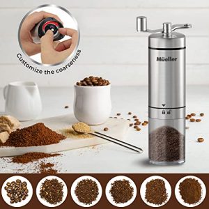 Mueller Manual Coffee Grinder Adjustable Ceramic Conical Burr Mill, Whole Bean Heavy Duty Burr Coffee Grinder for French Press/Turkish Brew, Stainless Steel Coffee Bean Grinder, Acrylic Container
