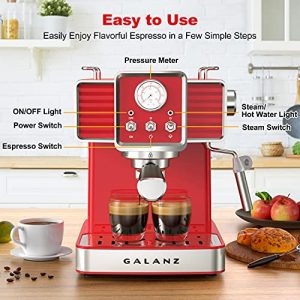 Galanz Retro Espresso Machine with Milk Frother, 15 Bar Pump Professional Cappuccino and Latte Machine, 1.5L Removable Water Tank, Retro Red, 1350 W