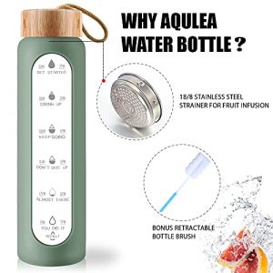 AQULEA 32 Oz Borosilicate Glass Water Bottle with Times to Drink - Wide Mouth BPA Free Glass Motivational Water Bottles with Silicone Sleeve, Bamboo Lid, Fruit Infuser, and Bonus Brush
