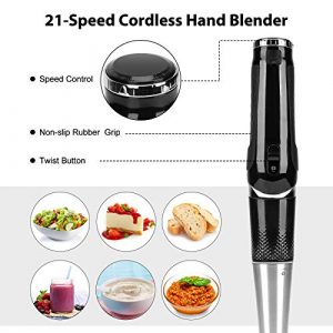 Cordless Hand Blender Rechargeable, Powerful Variable Speed Control with 21-Speed Immersion Stick Blender, Portable Electric Hand Mixer with Chopper