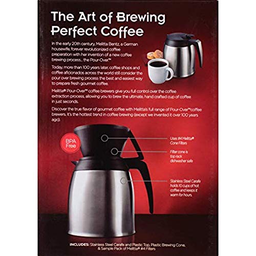 Melitta Thermal Carafe 10-Cup Pour-Over Coffee Brewer with 40 Extra #4 Natural Brown Cone Filters