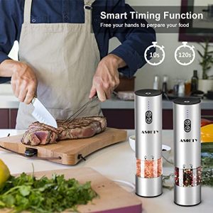 Rechargeable Electric Salt and Pepper Grinder Set, ASOFTY Dual Charging Smart Timing Automatic Salt Pepper Mill with Charging Base, LED Light, Adjustable Coarseness, Refillable, Stainless Steel