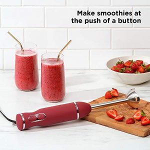 Chefman Immersion Stick Hand Blender with Stainless Steel Blades, Powerful Electric Ice Crushing 2-Speed Control Handheld Food Mixer, Purees, Smoothies, Shakes, Sauces & Soups, Red