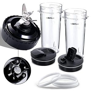 8 Pieces Blender Replacement Parts Compatible with Nutri Ninja,5 Fins Extractor Blade with 2 16oz Cups & 2 To-Go Lids & 3 Rubber Gasket Accessories for Ninja QB3000/QB3000SSW/QB3004/QB3005