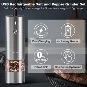 Rechargeable Electric Salt and Pepper Grinder Set - Stainless Steel, with USB Type-C Cable, LED Lights, Automatic Salt and Pepper Grinder Set, 2 Adjustable Coarseness Mills, One Hand Operation