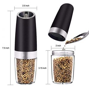 WEICHUANGXIN Gravity Electric Salt and Pepper Grinder , Automatic Operation Pepper and Salt Mill, Adjustable Coarseness, Battery Powered Grinding Pepper with Blue LED Light (1, Black)