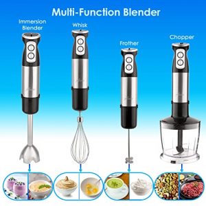 5 in 1 Handheld Immersion Blender, Anti-Splash Stick Blender with a Milk Frother, Egg Whisk, Food Grinder, and Blending Container, Hand Held Blender for Smoothies, Baby Food, Coffee, and Baking