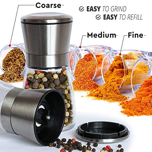 Salt and Pepper Grinder Set of 2, Premium Stainless Steel Spice Mill with Adjustable Coarseness, Ceramic Blades, Refillable Glass Body with 60Z capacity