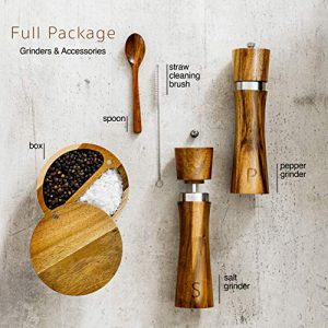 Salt and Pepper Grinder Set - Premium Set Includes Wooden Salt and Pepper Mill, Salt and Pepper Box with Swivel Lid, Spoon & Cleaner Tool - Perfect Salt and Pepper Shakers Gift (5)