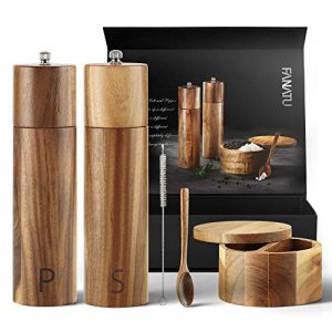 Wooden Salt and Pepper Grinder Set - Premium Set Includes Salt and Pepper Mill, Salt and Pepper Box with Swivel Lid, Spoon & Cleaner Tool - Perfect Salt and Pepper Shakers Gift (8 inch)