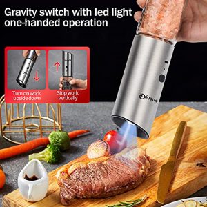 Gravity Electric Salt and Pepper Grinder Set of 2,USB Rechargeable Kitchen Electric Pepper Mill with Adjustable Grinder and LED Light,Tall Glass Salt and Pepper Grinders Refillable