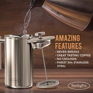 SterlingPro French Press Coffee Maker (1L)-Double Walled Large Coffee Press with 2 Free Filters-Enjoy Granule-Free Coffee Guaranteed, Stylish Rust Free Kitchen Accessory-Stainless Steel French Press