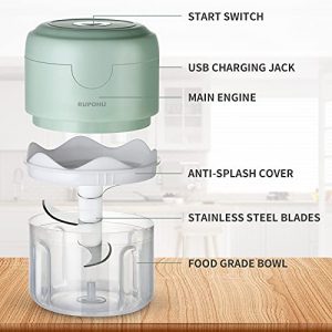Electric Mini Food Chopper,RUPOHU USB Charging Mini Electric Garlic Chopper,Small Food Processor with Spoon and Brush,Used for Onion Garlic Pepper Vegetable Meat Mincer/Grinder/Puree Food（100+250ml)