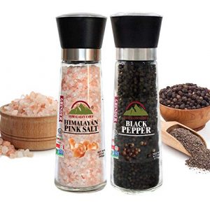 Himalayan Chef Pink Salt and Pepper Grinder Set of 2 - Adjustable Ceramic Himalayan Salt Grinder & Pepper Grinder - Tall Glass Salt and Pepper Shakers - Pepper Mill & Salt Mill, Large (5351AX2)