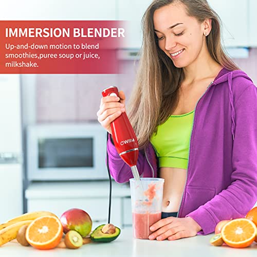Immersion Blender, 500W 4-in-1 Multi-Purpose Hand Blender for Kitchen CWIIM, Handheld Mixer Stick with 16.9OZ Food Chopper, 20.3OZ Container, Egg Whisk for Puree Infant Food Smoothies Sauces Soups Red