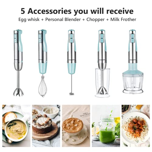 5-in-1 Immersion Blender, REDMOND Hand Blender 12-Speed Powerful Electric Stick Blender with 4 Stainless Steel Attachments, with Egg Whisk, Milk Frother, Food Chopper and Container for Smoothie, Food and Juice - Blue Green