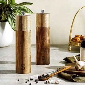 Wooden Salt and Pepper Grinder Set - Acacia Wood Pepper Mill & Salt Grinder with Adjustable Coarseness - Adding Wood Spoon and Cleaner Tool - Perfect Salt and Pepper Shakers Gift (8 " Acacia)
