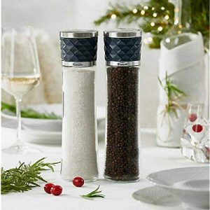 Trudeau 10 Inch Salt and Pepper Mill Set with Stainless Steel Caps Filled with Peppercorns and Sea Salt Crystals