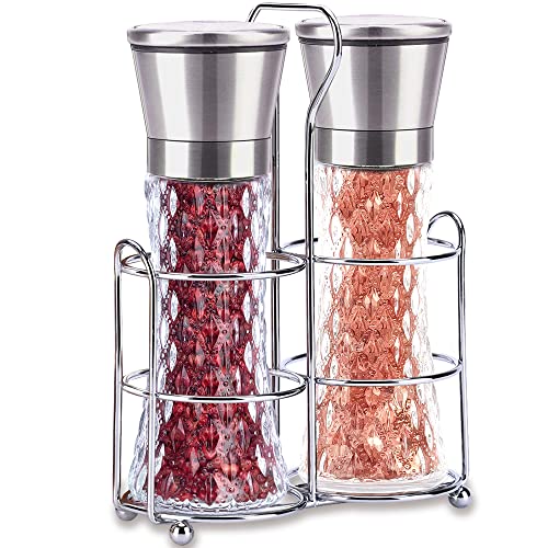 AAILDEHY Salt and Pepper Grinder Set of 2 - Stainless Steel Salt and Pepper Mill with Adjustable Coarseness - Ceramic Pepper Grinder Refillable - Glass Spice & Kosher Salt Shaker with Stand