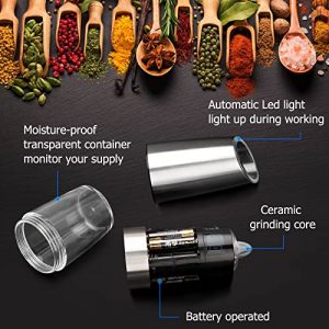 Salt and Pepper Grinder Electric Gravity Grinder, Refillable Automatic One-Hand Operated Pepper and Salt Mill Set with Adjustable Coarseness and LED light, Battery-Operated 2 Pack