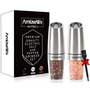 Gravity Electric Salt and Pepper Grinder Set【White Light】- Battery Operated Automatic Salt and Pepper Mills,Adjustable Coarseness,One-Handed Operation,Utility Brush,Stainless Steel by AmuseWit