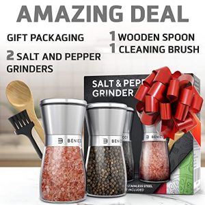 Beautiful Stainless Steel Salt & Pepper Grinders Refillable Set - Two 5 oz Salt / Spice Shakers with Adjustable Coarse Mills - Easy Clean Ceramic Grinders with BONUS Wooden Spoon and Cleaning Brush