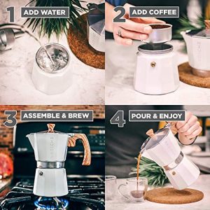 GROSCHE Milano Stovetop Espresso Maker White 6 espresso cup size and Bremen Manual Coffee grinder Bundle includes moka pot and Grinder