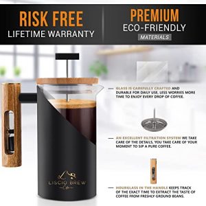 French Press Coffee & Tea Maker (27 oz) 304 Grade Stainless Steel and Durable Glass , with Wooden handle , Hourglass , Coffee Press for Home , Travel , Camping